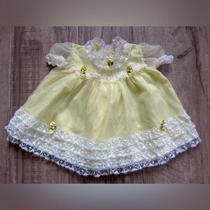 Vintage light Yellow white Lace pink flower Baby girl infant Dress dainty pretty